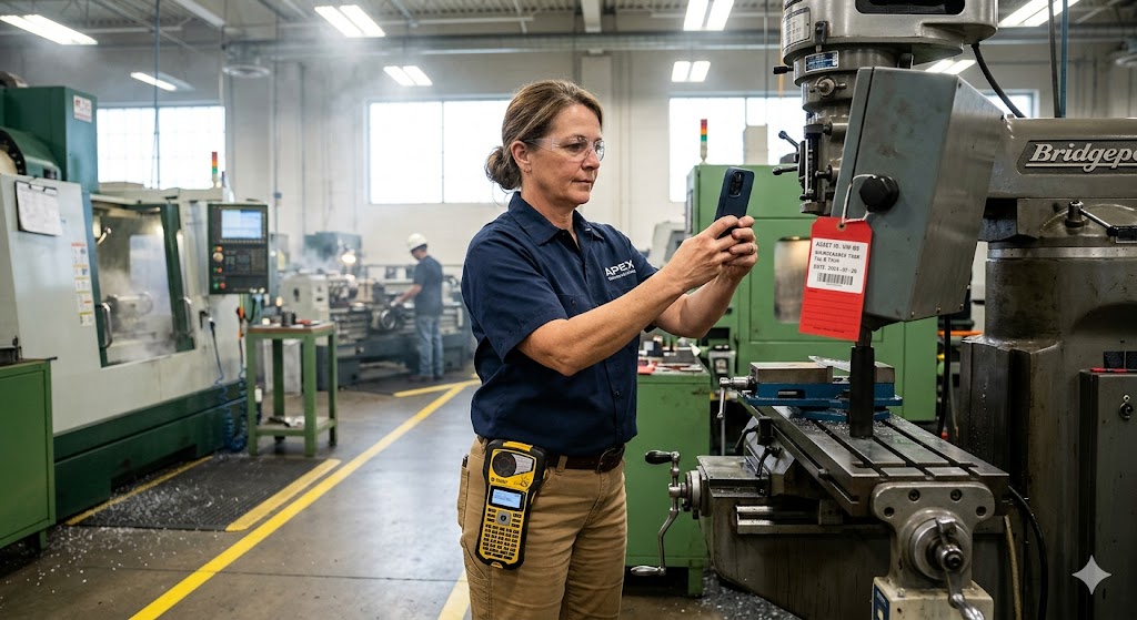 Technician photographing and tagging a machine during a facility walkthrough