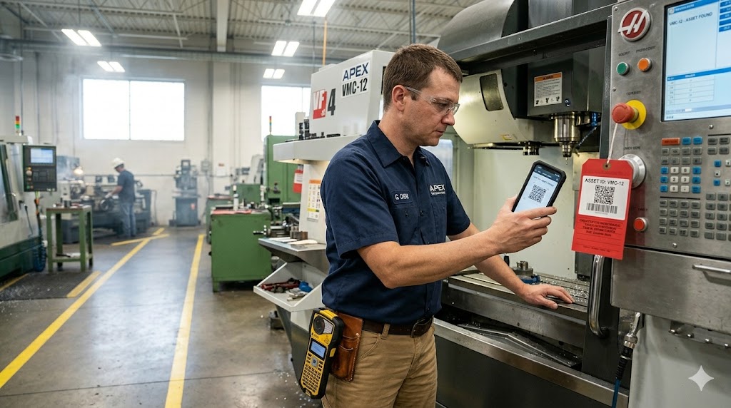 Technician scanning a QR asset tag on a machine during a PM audit